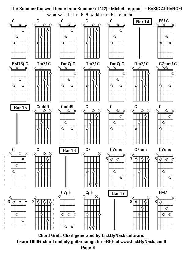 Chord Grids Chart of chord melody fingerstyle guitar song-The Summer Knows (Theme from Summer of '42) - Michel Legrand   - BASIC ARRANGEMENT,generated by LickByNeck software.